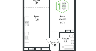 1-к. квартира, 42&nbsp;м²