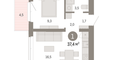 1-к. квартира, 37&nbsp;м²