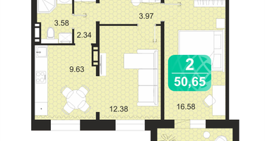 2-к. квартира, 50&nbsp;м²