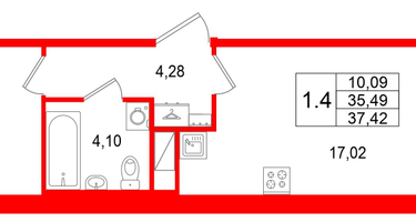 1-к. квартира, 35 м²