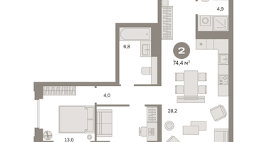 2-к. квартира, 74&nbsp;м²