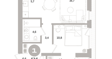 1-к. квартира, 57&nbsp;м²