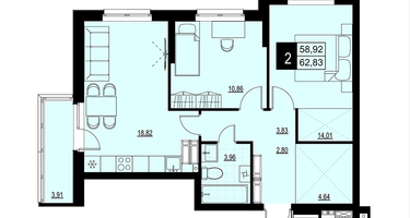 2-к. квартира, 60&nbsp;м²