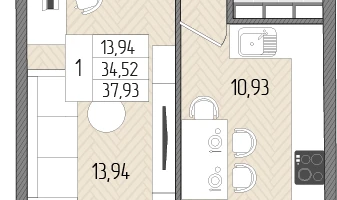 1-к. квартира, 37&nbsp;м²