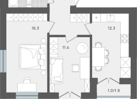 2-к. квартира, 54&nbsp;м²