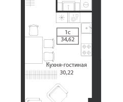Студия, 34 м²