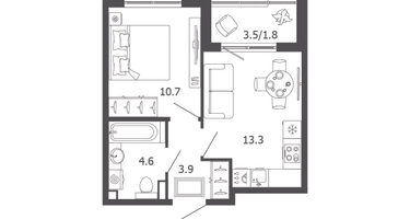 1-к. квартира, 34&nbsp;м²