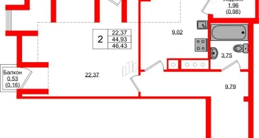 1-к. квартира, 46&nbsp;м²
