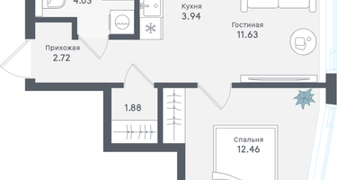 1-к. квартира, 36&nbsp;м²
