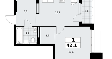 1-к. квартира, 42&nbsp;м²
