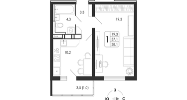 1-к. квартира, 38&nbsp;м²