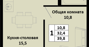 1-к. квартира, 39&nbsp;м²