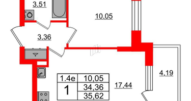 1-к. квартира, 34&nbsp;м²