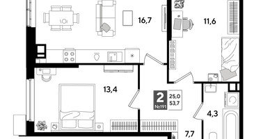 2-к. квартира, 52&nbsp;м²