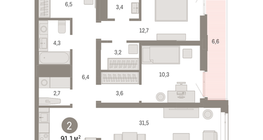2-к. квартира, 91&nbsp;м²