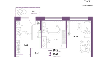 3-к. квартира, 61&nbsp;м²