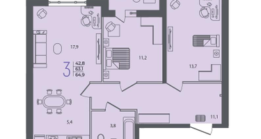 2-к. квартира, 64&nbsp;м²
