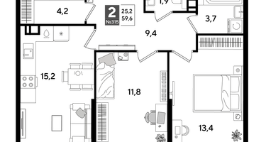 2-к. квартира, 59&nbsp;м²