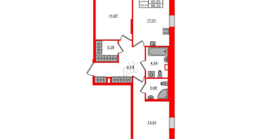 2-к. квартира, 62&nbsp;м²