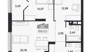 3-к. квартира, 69&nbsp;м²