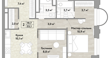 2-к. квартира, 53 м²