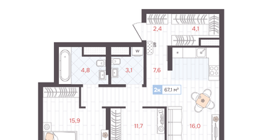 2-к. квартира, 67&nbsp;м²