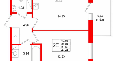 1-к. квартира, 38&nbsp;м²