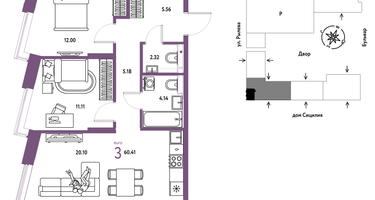 3-к. квартира, 60&nbsp;м²