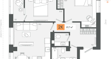 2-к. квартира, 61&nbsp;м²