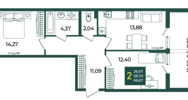 2-к. квартира, 66&nbsp;м²