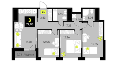 3-к. квартира, 79 м²
