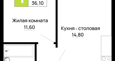 1-к. квартира, 36&nbsp;м²