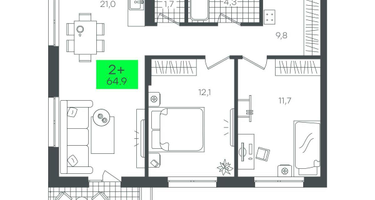 2-к. квартира, 64&nbsp;м²