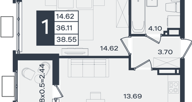 1-к. квартира, 38 м²