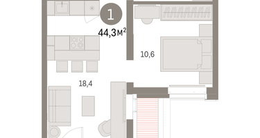 1-к. квартира, 44&nbsp;м²