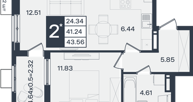 2-к. квартира, 43 м²
