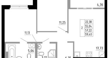 2-к. квартира, 57&nbsp;м²