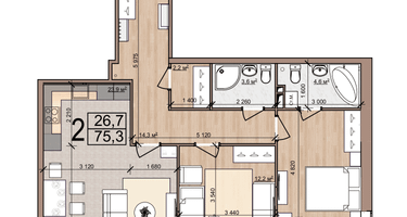 2-к. квартира, 75&nbsp;м²