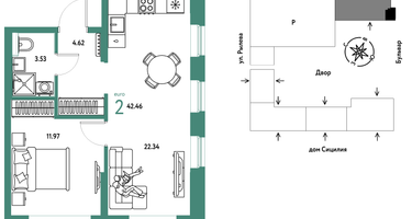 2-к. квартира, 42&nbsp;м²