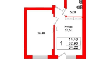 1-к. квартира, 34&nbsp;м²