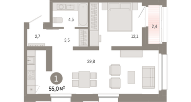 1-к. квартира, 55 м²