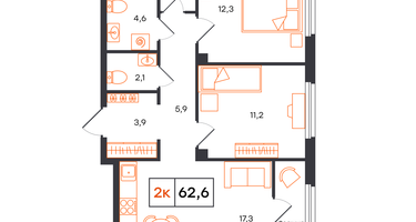 2-к. квартира, 62&nbsp;м²