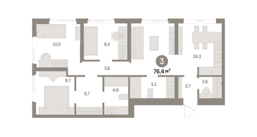 3-к. квартира, 76 м²