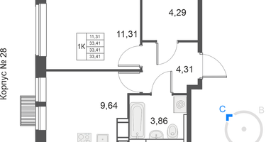 1-комнатная квартира, 33&nbsp;м²