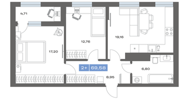 2-к. квартира, 69 м²
