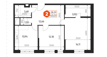 2-к. квартира, 63&nbsp;м²