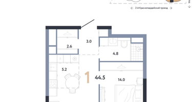 1-к. квартира, 44&nbsp;м²