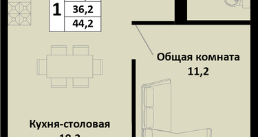 1-к. квартира, 44&nbsp;м²
