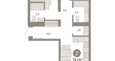 2-к. квартира, 73&nbsp;м²