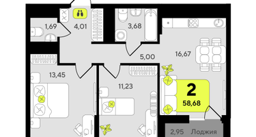 2-к. квартира, 58 м²